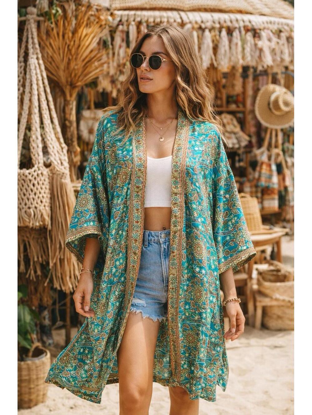 NWT Rhea Naharia Kimono Duster Teal Paisley Boho Open Front One Size Silk Blend
